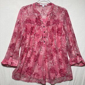Juniper + Lime Blouse size Large Pink Floral Mesh Stretch Preppy Office Career